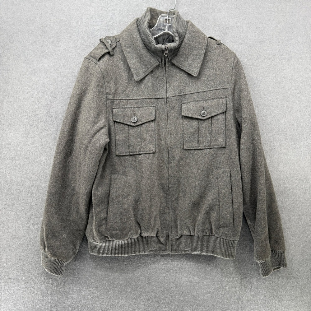 J.Ferrar Modern Fit Bomber Jacket Men's Medium Gray Wool Blend Military Style